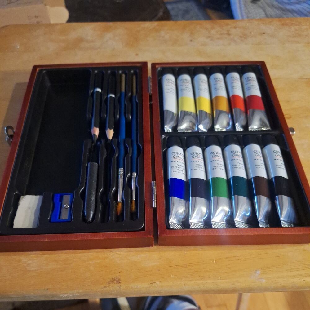 Curate Water Colour Art Box with paints, brushes, pencils, charcoal, eraser